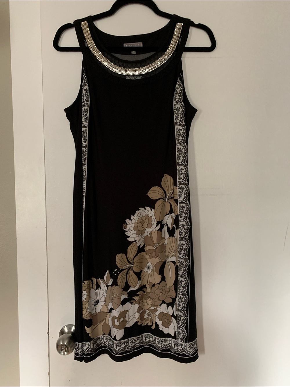 Black Sleeveless Floral Shift Dress with Beaded Neckline